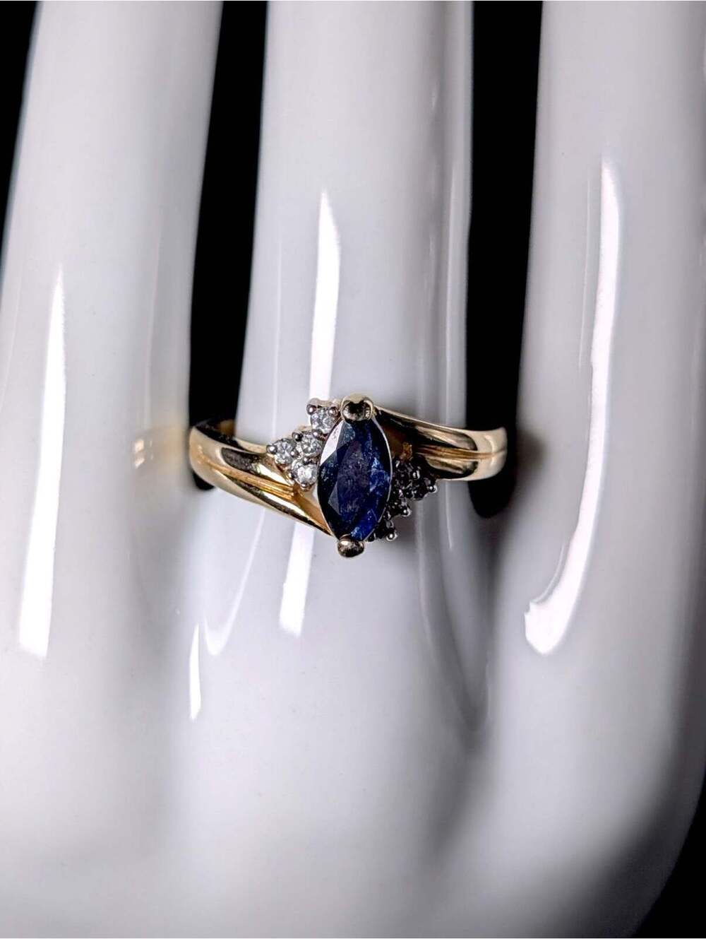 Vintage Marquise Genuine Sapphire Solitaire with Halo Gold Toned Cross Over Ring